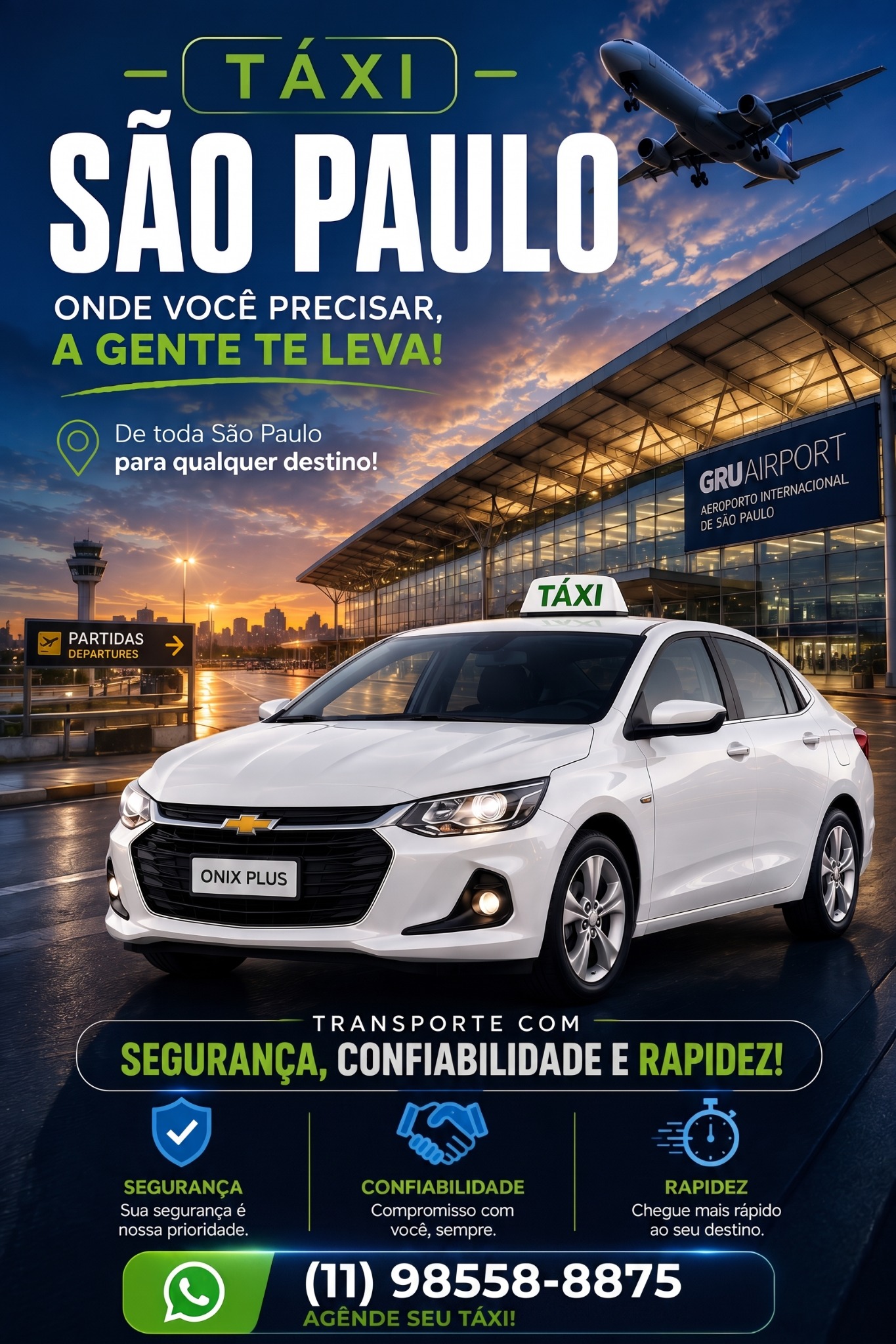 Táxi branco em frente a aeroporto em São Paulo